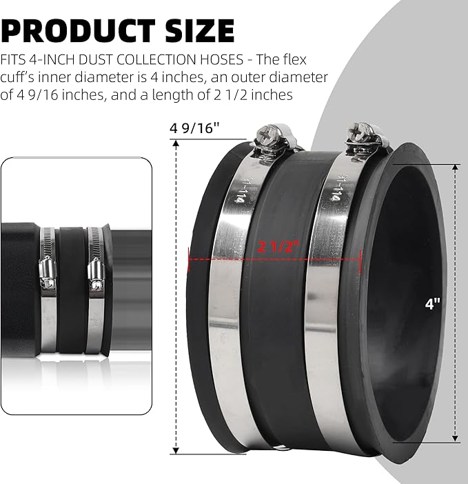 TonGass (2-Pack) 4 Inches Outer Diameter Flexible Hose Cuff Coupler with Integrated 2 Dust Collection Hose Clamps, Rubber Vacuum Hoses Connector