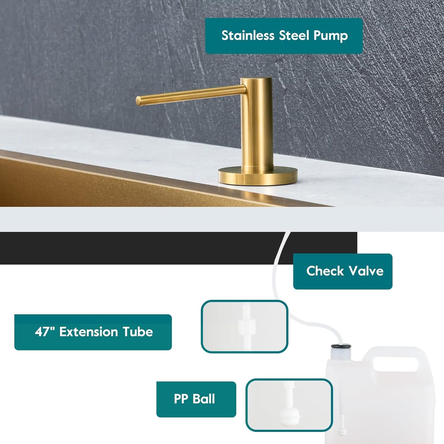 Gappo Soap Dispenser for Kitchen Sink Champagne Gold, Stainless Steel Countertop Pump, Built in Sink Soap Dispenser with 47" Extension Tube kit