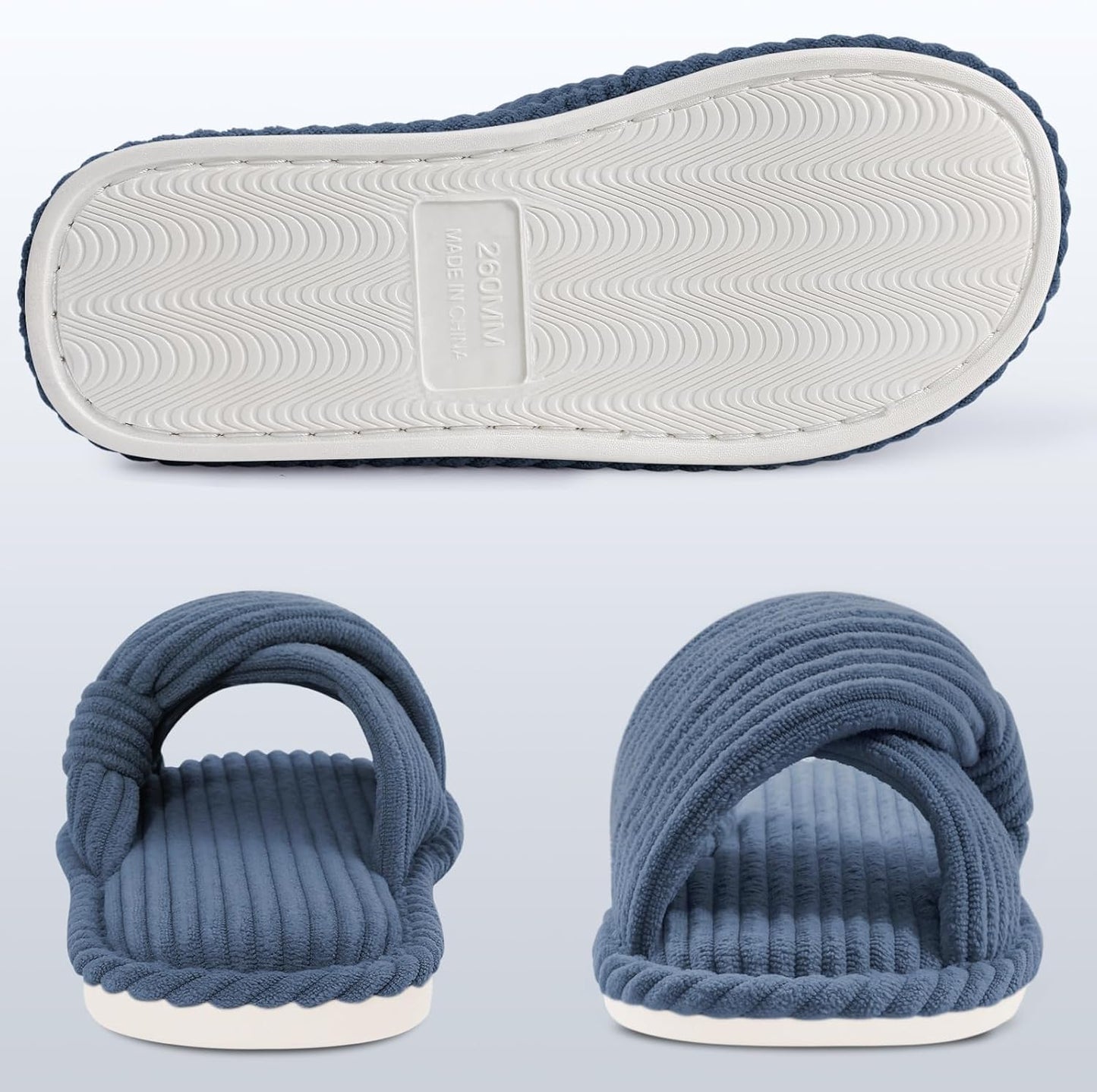 Evshine Summer House Slippers for Women Corduroy Cross Bow Indoor Slippers Open Toe Slip On Bedroom Shoes with Memory Foam