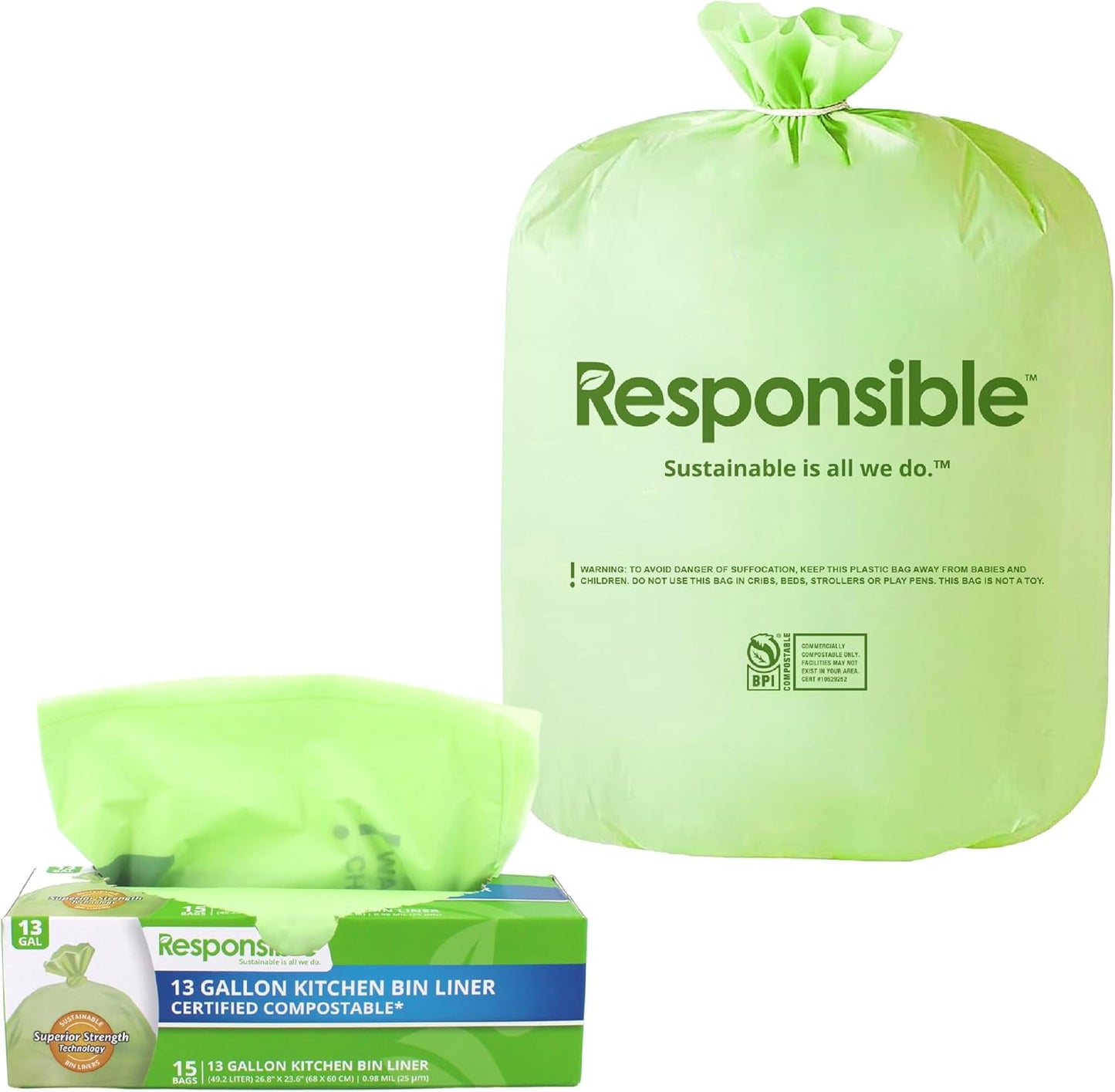 Responsible Products Kitchen Bin Liners, Certified Compostable, Heavy Duty Multipurpose Food Scrap Bags, Made from Compostable Materials (13 Gallon, 13 Gallon (15 Count))