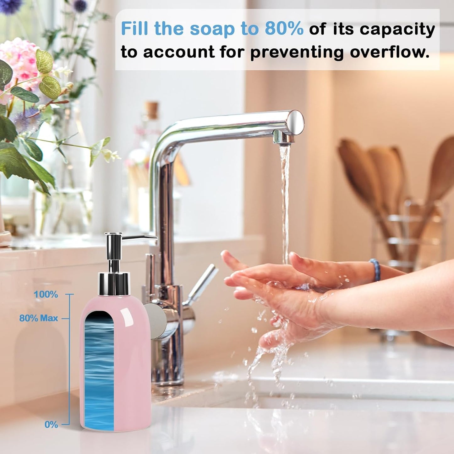 Natheeph 14OZ Ceramic Soap Dispenser Ceramic Soap Pump Dispenser Can Fill Liquid for Bathroom/Kitchen (2PC Pink)