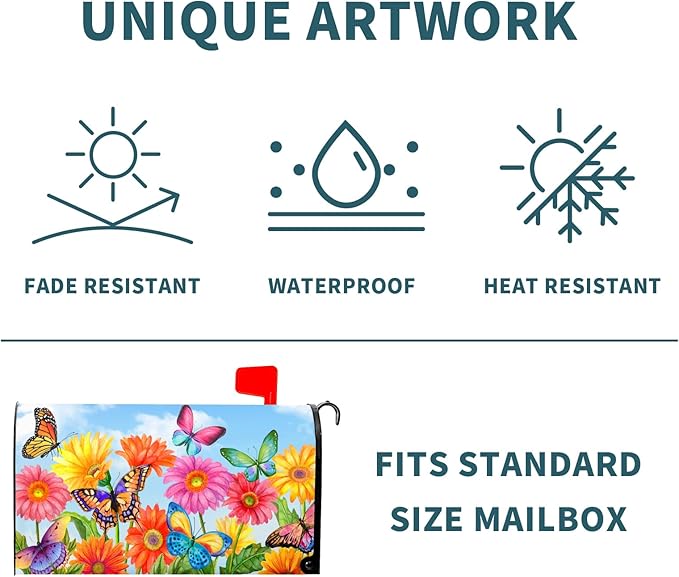Summer Flower Mailbox Covers Magnetic Large Size 25.5 x 21 Inch Beautiful Fluttering Butterfly Mailbox Covers Colorful Floral Decorative Mailboxes Wraps Post Letter Box Cover for Outside