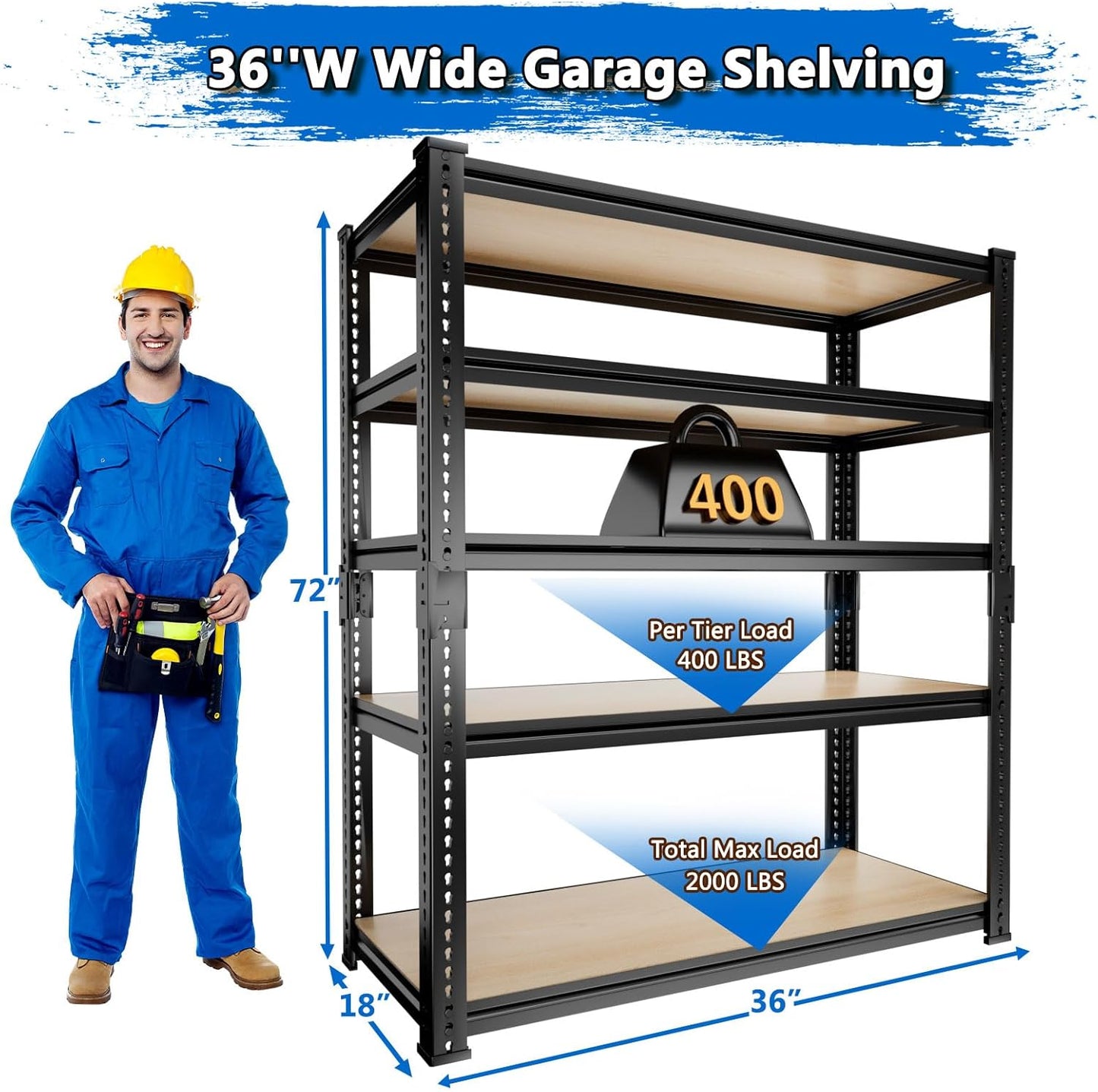 Garage Shelving, 3 PCS Storage Shelves Heavy Duty 2000 LBS Capacity, 5 Tier Adjustable Metal Organizer Wire Rack, 36" L x 18" W x 72" H Utility Shelf Unit for Kitchen Pantry