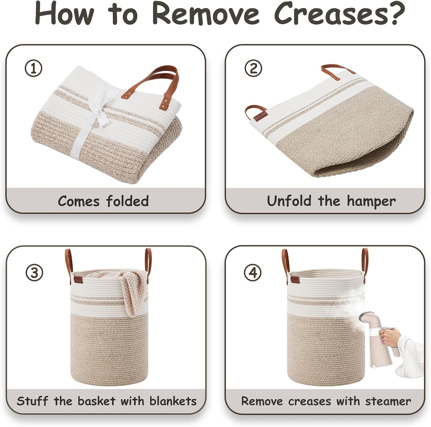 VIPOSCO Tall Laundry Basket, Large Dirty Clothes Hamper with Leather Handle, Woven Rope Storage Basket for Blanket, Toy In Living Room, Bathroom, Bedroom - 100L Brown & White