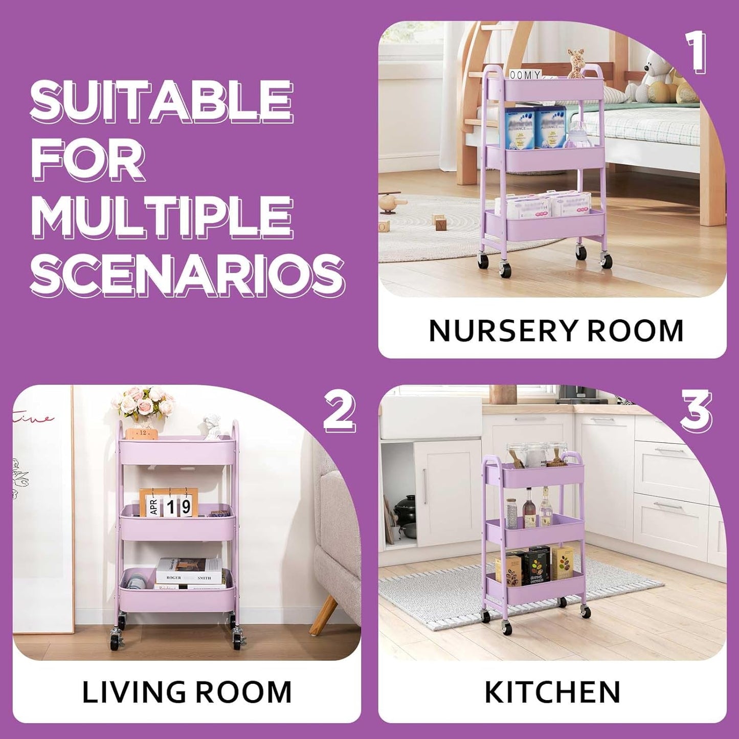 AGTEK Makeup Cart, Movable Rolling Organizer Cart, 3 Tier Metal Utility Cart with Lockable Wheels for Home & Office, Purple