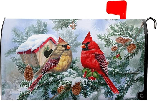 Winter Cardinal Magnetic Mailbox Covers Large Size 25.5''x21'' Xams Sweet Birds Decorative Post Letter Box Cover Christma Birdhouse Snowy Pine Letterbox Cover for Home Outdoor Garden