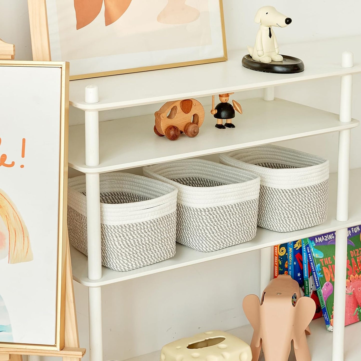 Small Cotton Rope Basket – Storage Bin for Organizing (10.6" x 6.7" x 6.7"), Bathroom Storage Basket for Shelf, Counter & Closet（White & Mixed Grey）