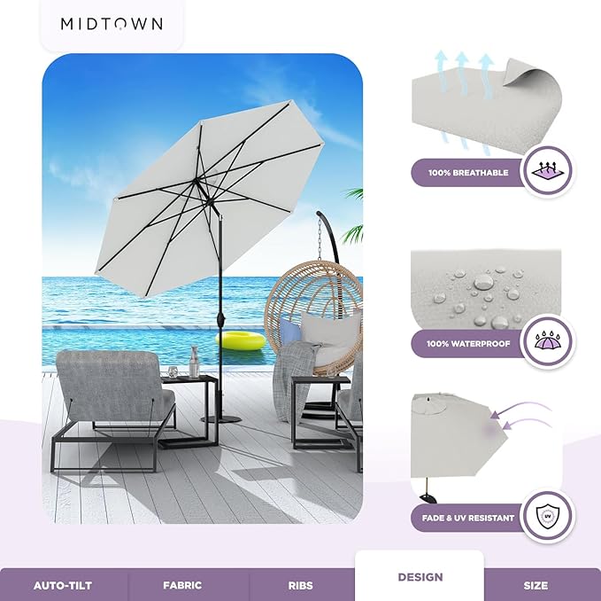 Midtown Umbrellas 10-Year-No-Fade - 9 Ft - UV Proof Off White Polyester Fabric - Umbrella Outdoor Patio, Auto-Tilt Aluminum Frame Patio Umbrella for Garden, Pool & Deck - Black Pole