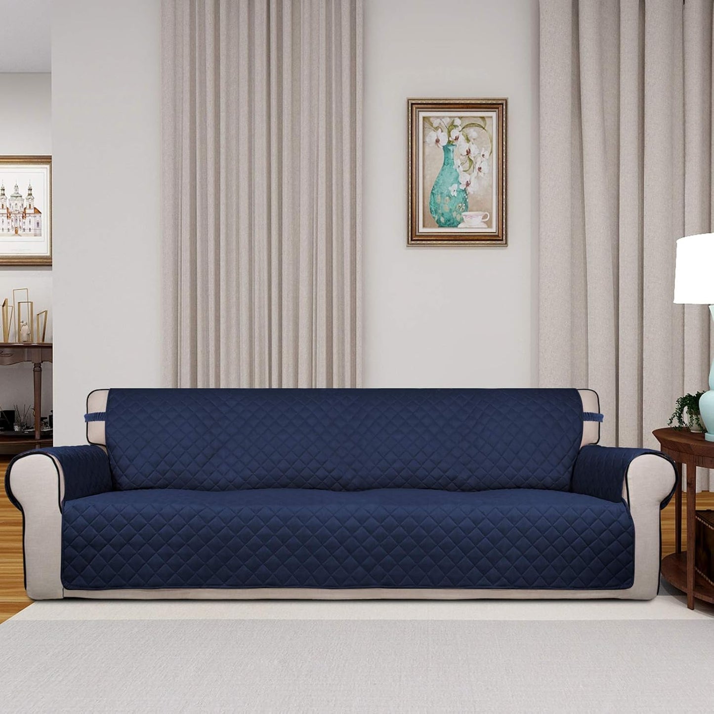 PureFit Reversible Quilted Sofa Cover, Water Resistant Slipcover Furniture Protector, Washable Couch Cover with Non Slip and Elastic Straps for Kids, Dogs, Pets (XX Large, Navy/Ivory)