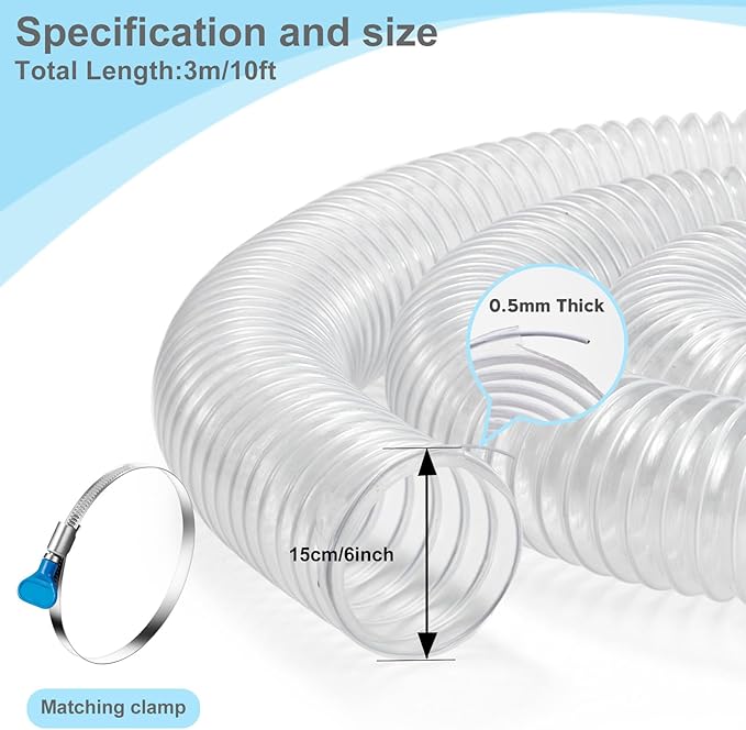 Flexible PVC Dust Collection Hose With Stainless Steel Clamps - Clear Vacuum Hose Fittings and Collector Accessories for Woodworking (6 Inch, 10 ft)