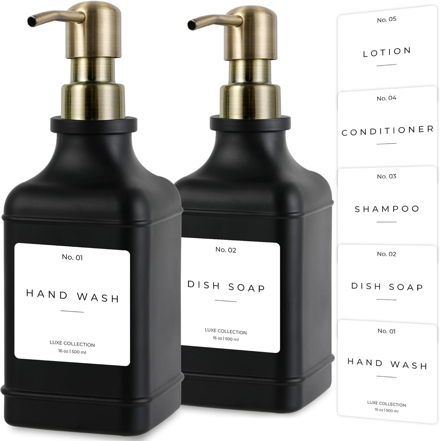 Emerson Essentials Soap Dispenser, Dish Soap Dispenser, Soap Bottle Bathroom Set, Hand Soap Farmhouse Home, Kitchen Soap Dispenser Set - Glass Soap Dispenser with Pump and Labels, 16 Oz, 2 Set