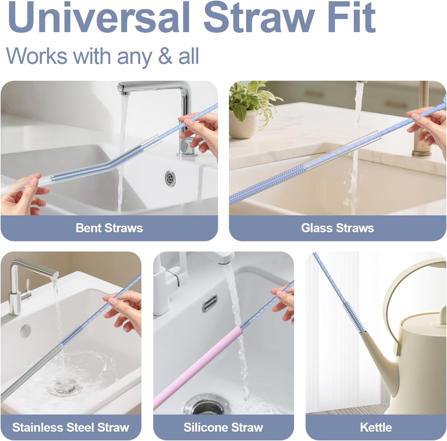 YOTIME Silicone Straw Cleaner Brush, 2 Pcs Reusable Straw Brush(6mm+9mm) for Cleaning Narrow & Wide Straws, Tumblers, Blue