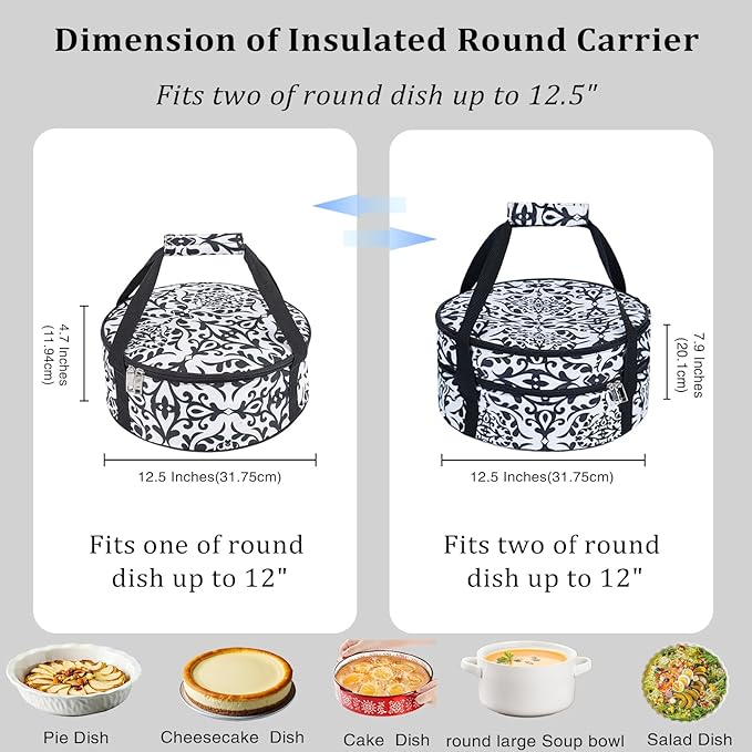 Round Insulated Pie Carrier – Double Decker Thermal Portable Lunch Transport Cake Dish Container Bag Keep Food Hot/Cold/Fresh for Potlucks Parties Gathering/Cookouts/Church Dinner/Outdoor Events-Black