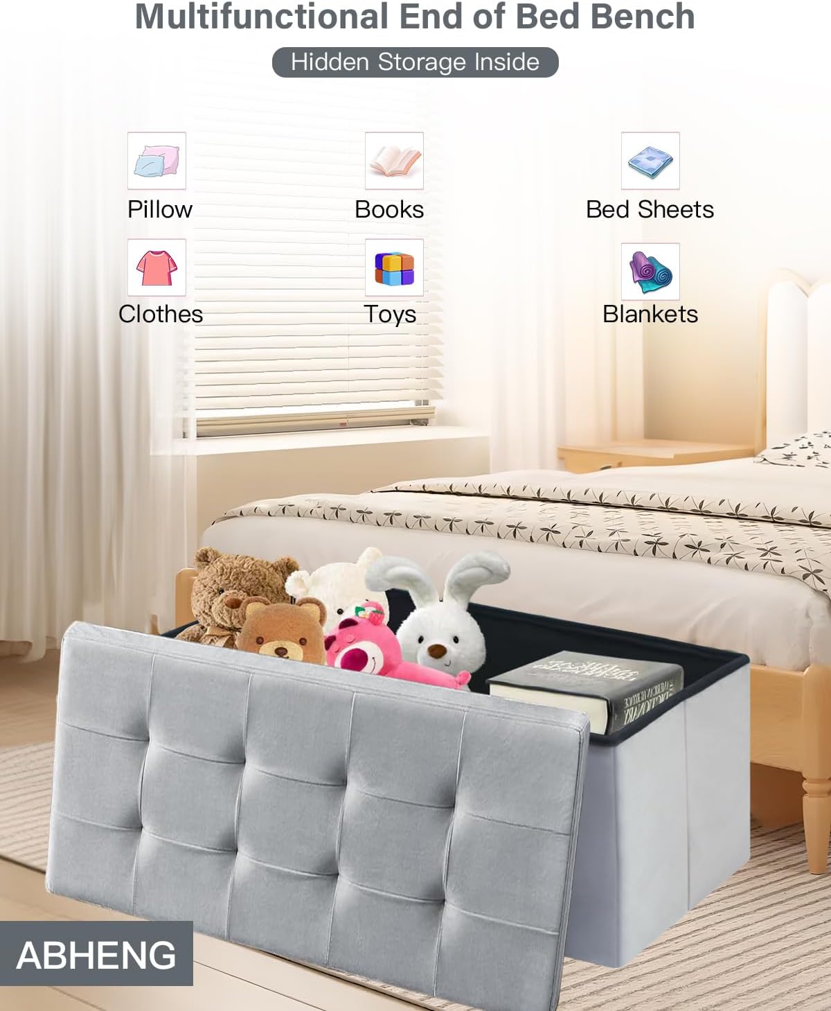 Folding Storage Ottoman, Velvet Storage Bench, Footrest, Removable Divider, for Living Room, Bedroom, 15 x 43 x 15 Inches, 660 lb Load Capacity, Dove Gray UASND02G