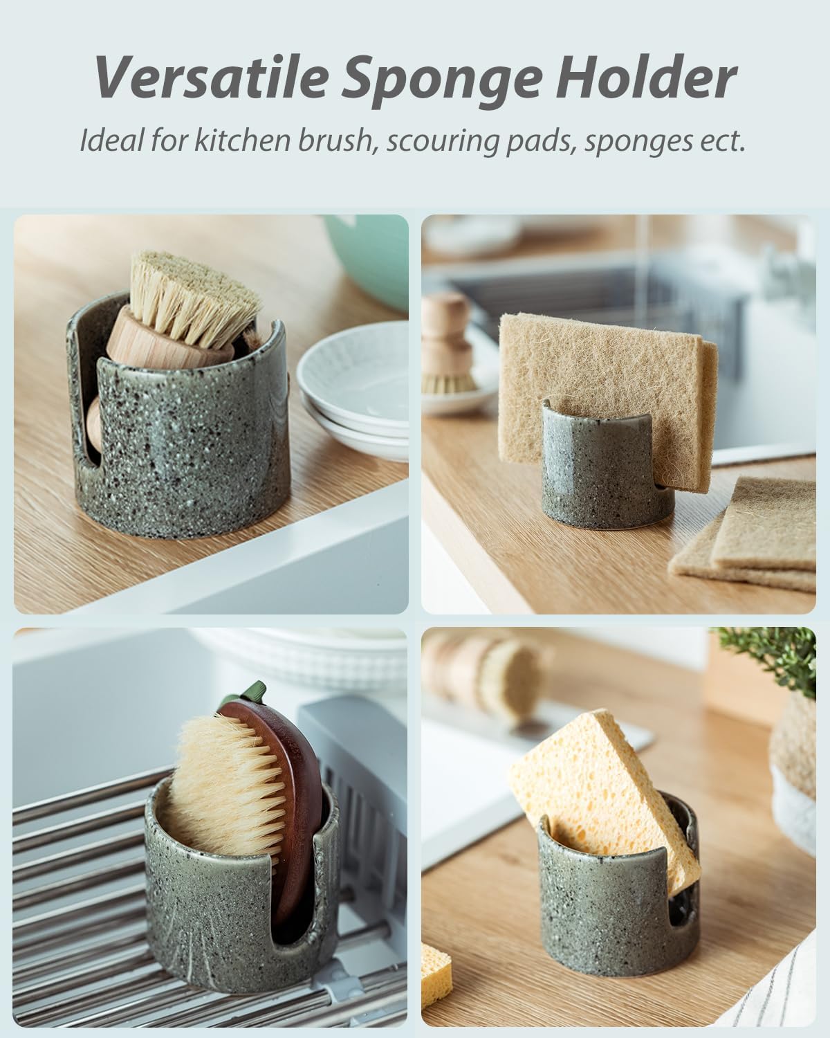 Kitchen Sponge Holder, Ceramic Dish Sponge Holder Scrubby Daddy Farmhouse Dish Rack Brush Holder for Bathroom, Kitchen, Sink, Special Gray