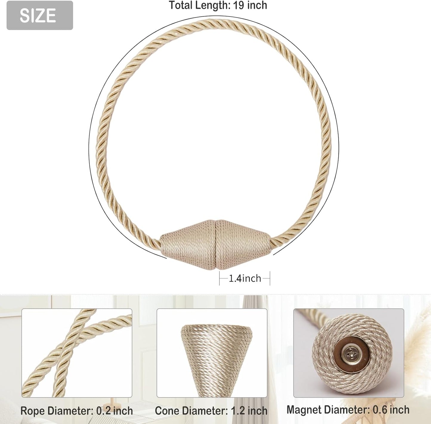 Magnetic Curtain Tiebacks 2 Pack Outdoor Rope Curtain Tie Backs Decorative Window Treatment Holdbacks for Home Decorative Curtain, Beige