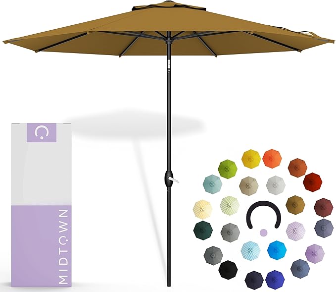 Midtown Umbrellas 10-Year-No-Fade - 9 Ft - UV Proof Sand Tan Polyester Fabric - Umbrella Outdoor Patio, Auto-Tilt Aluminum Frame Patio Umbrella for Garden, Pool & Deck - Black Pole