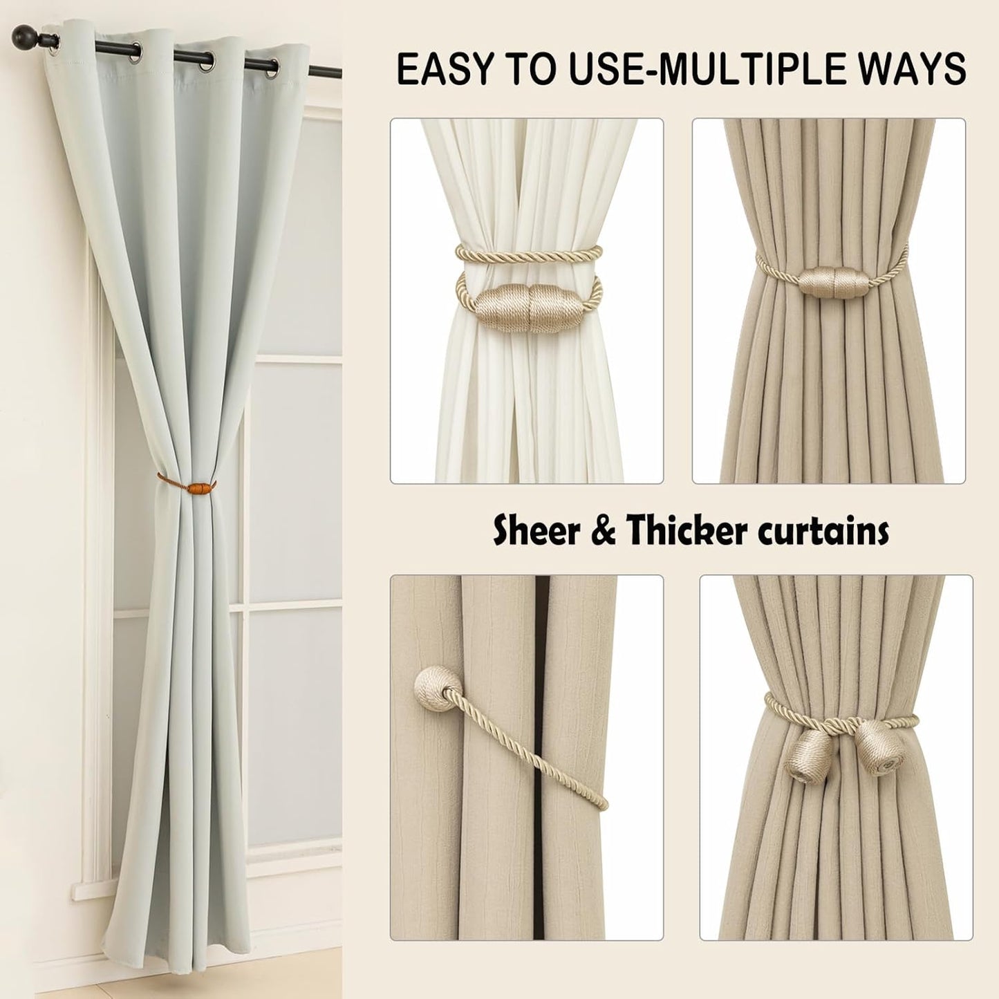 Magnetic Curtain Tiebacks - Rope Tiebacks for Curtains & Drapes, Decorative Window Holdbacks (6 Pack, Beige)