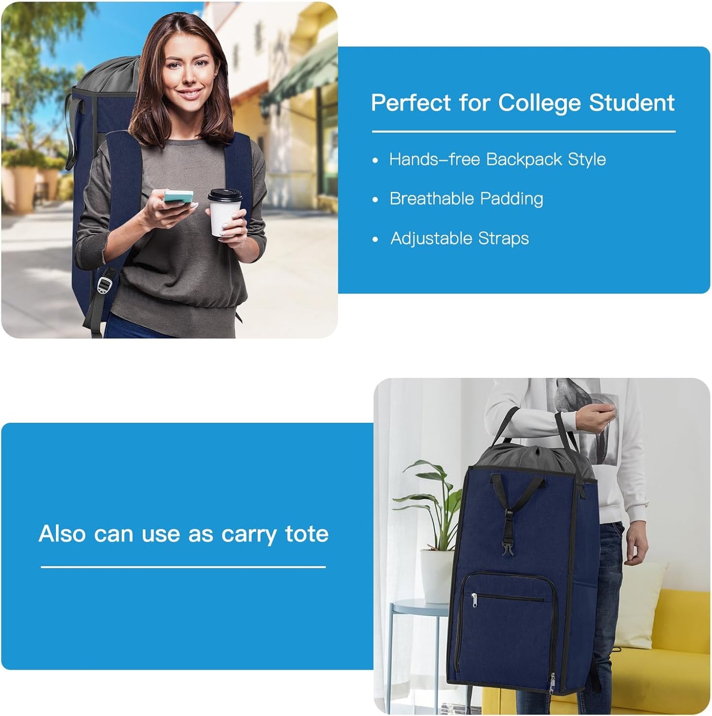 Bukere Laundry Basket, Laundry Backpack Bag for Guys Girls Boys, 2 in 1 Laundry Hamper for College Dorm Room Essentials, Adjustable Shoulder Straps, Freestanding Laundry Bag for Laundry Room, RV