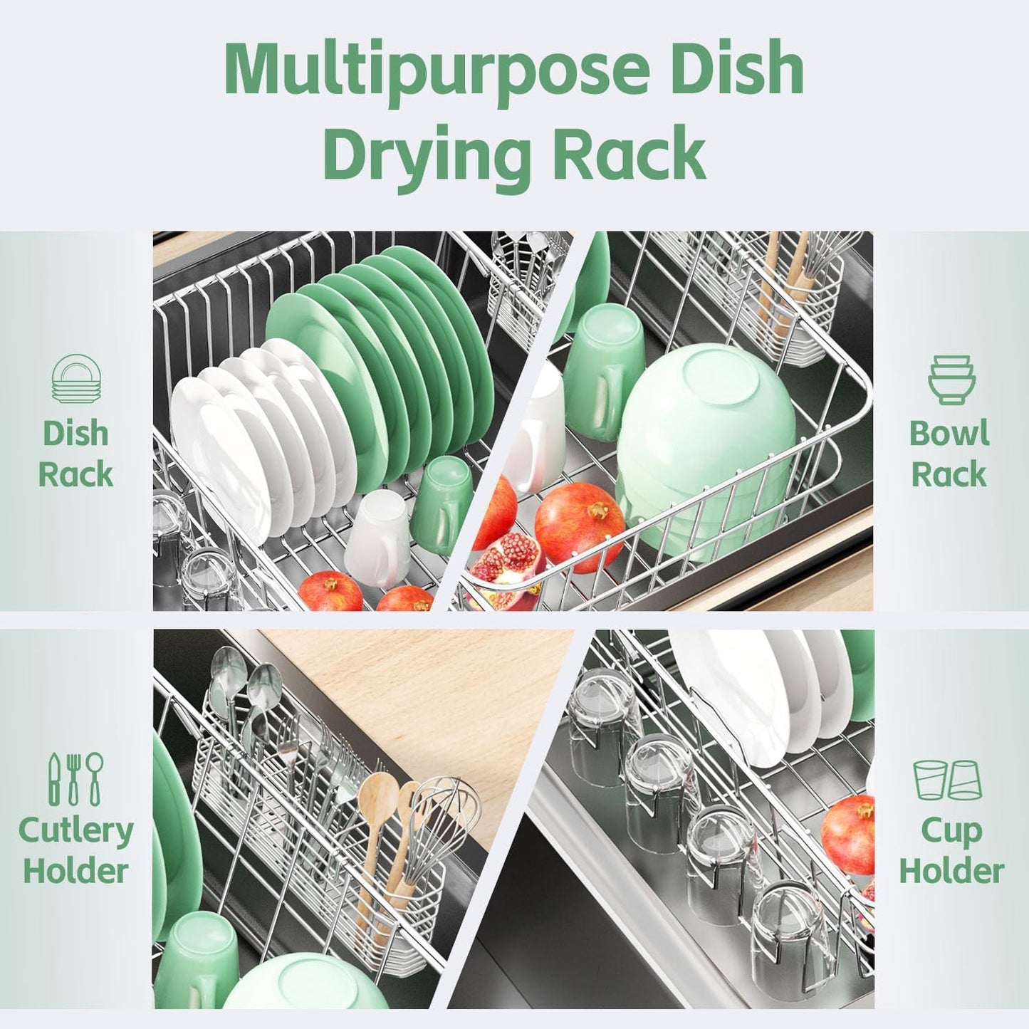 Dish Drying Rack in Sink, Extendable Stainless Steel Dish Drainers for Kitchen Counter, Anti-Rust Dish Dryer Rack with Utensil & Cup Holders, for Inside Sink, Over The Sink