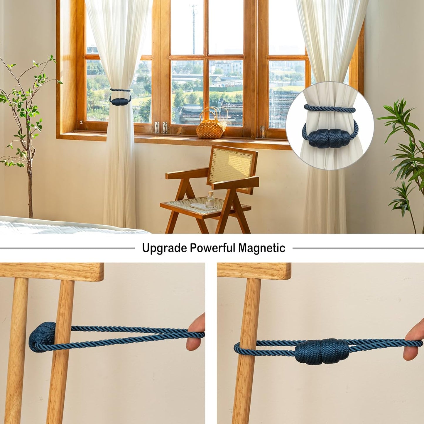 Magnetic Curtain Tiebacks Rope Tie Backs 6 Pack Curtains Holders for Drapes Decorative Window Holdbacks, Blue