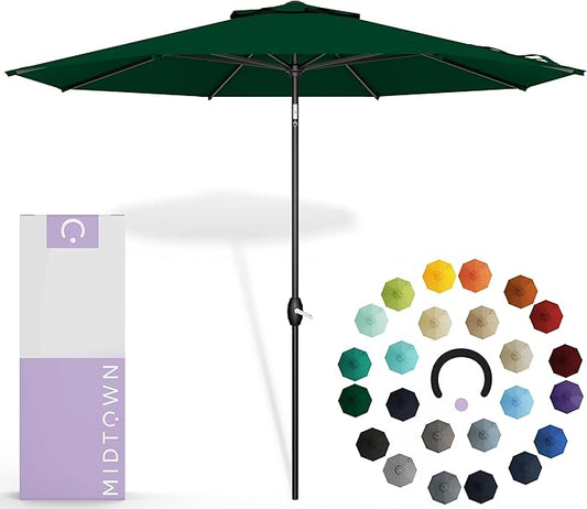 Midtown Umbrellas Sunbrella Umbrella 8 Feet Outdoor Umbrella With Sunbrella Forest Green Acrylic Fabric - Auto-Tilt Aluminum Frame Patio Umbrella For Backyard, Deck, Garden, Pool - Black Pole