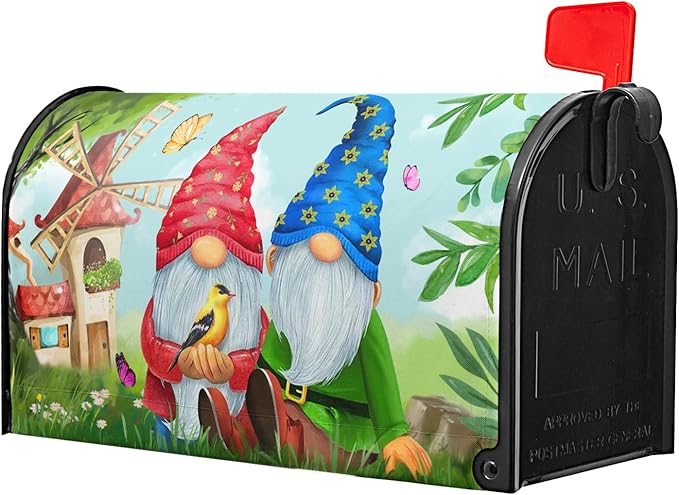 Sweet Gnome Mailbox Covers Magnetic Spring Gnomes Decorative Mailboxes Wraps Post Letter Box Cover Standard Size 21x18 Inch for Outdoor Garden Yard Home Decor Outside