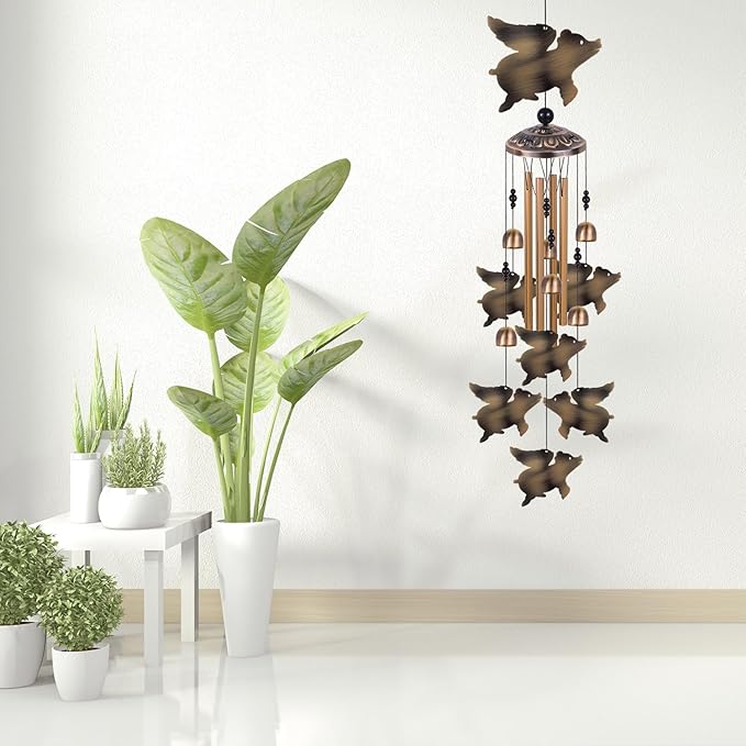 Outdoor Flying Pigs Wind Chimes Decor, Memorial Windchime, Bronze Wind Bells, Retro Wind Chime, Blessing Windchimes for Home, Balcony, Room, Xmas, Party, Indoor, Garden Decoration, Gifts for Mom