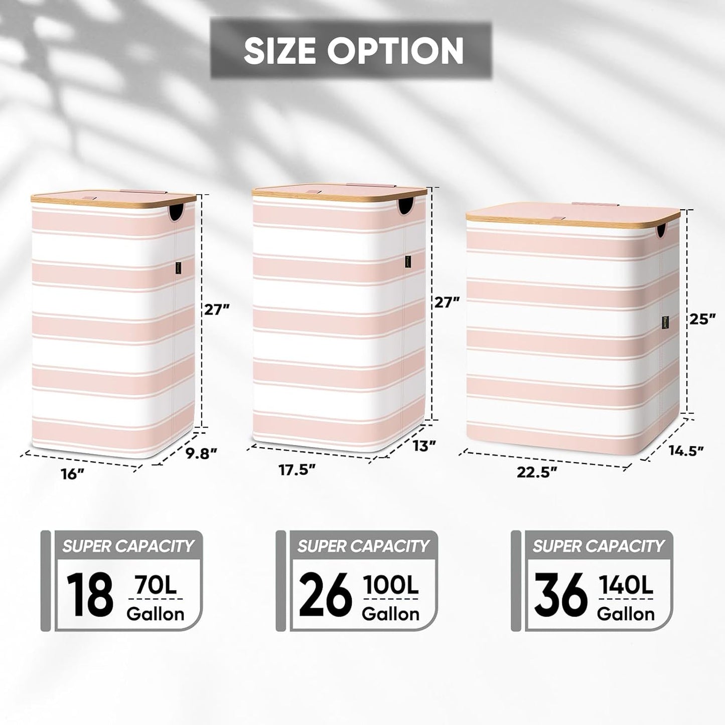 BALEINE Laundry Hamper with Lid, Tall Laundry Baskets with Bamboo Pull Handles, Large Laundry Bin with Internal Support (36 Gal/140L, Pink Stripe)