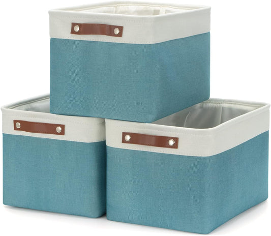 HNZIGE Storage Baskets Bins (3 Pack) Large Shelf Baskets for Clothes, Decorative Storage Bins with Handles, Canvas Collapsible Storage Bins for Organizing Storage (Gray&Teal, 15" X 11" X 9.5")
