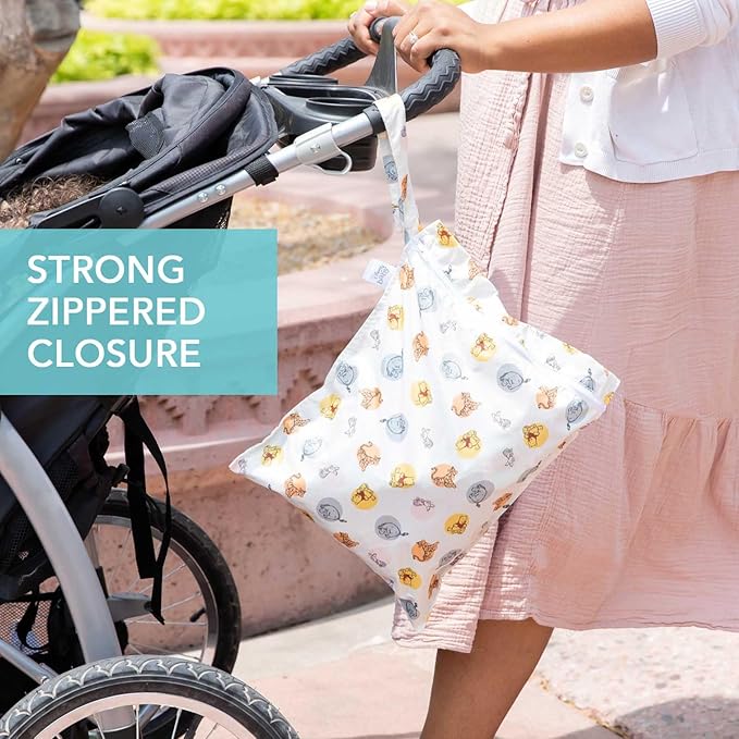 Bumkins Disney Waterproof Wet Bag for Baby, Travel, Swim Suit, Cloth Diapers, Pump Parts, Pool, Gym Clothes, Toiletry, Strap to Stroller, Daycare, Zip Reusable Bag, Packing Pouch, Winnie the Pooh