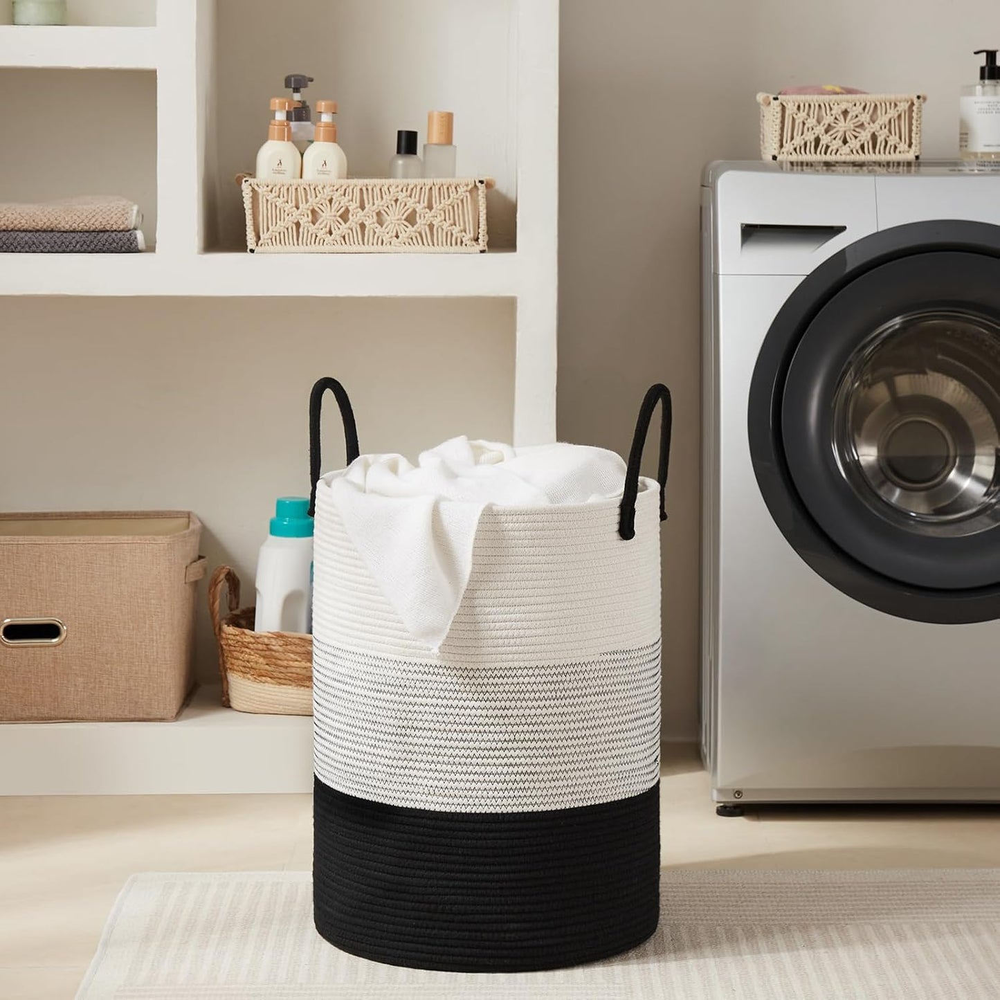 Fiona's magic Cotton Rope Laundry Hamper, Tall Woven Laundry Basket Storage, Baby Nursery Hamper for Blankets, Toys and Clothes Hamper for Bedroom and Living Room Organizing, 72L, Black & White