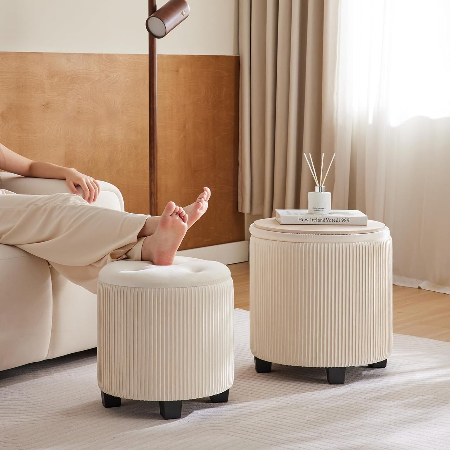 Big Round Ottoman with Storage Set of 2,Upholstered Velvet Vanity Stool for Makeup Multifunctional Foot Rest Coffee Table Padded Seat Tufted Ottomans for Living Room&Bedroom（White）