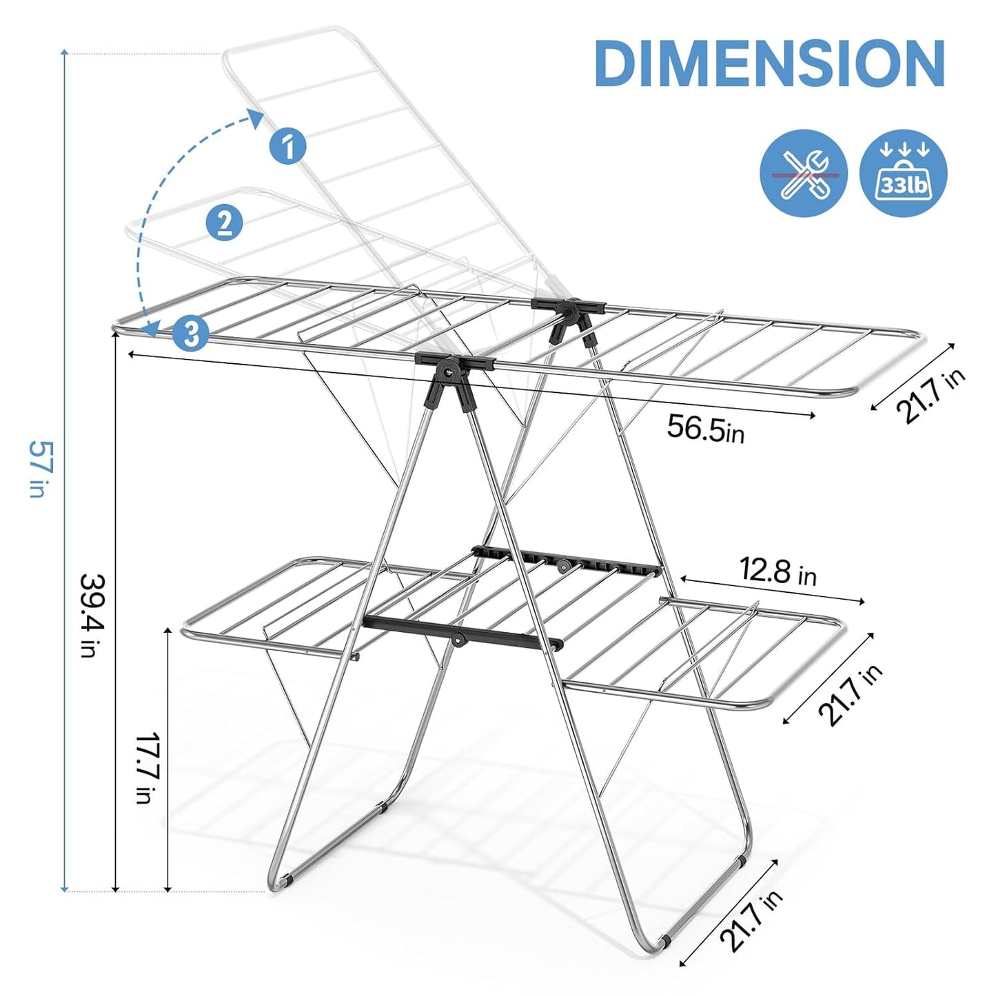 APEXCHASER Clothes Drying Rack with 4 Wings, Stainless Steel Drying Rack Clothing with Height-Adjustable, Foldable Gullwings Laundry Drying Rack, Indoor Outdoor Use, No Assembly, Black
