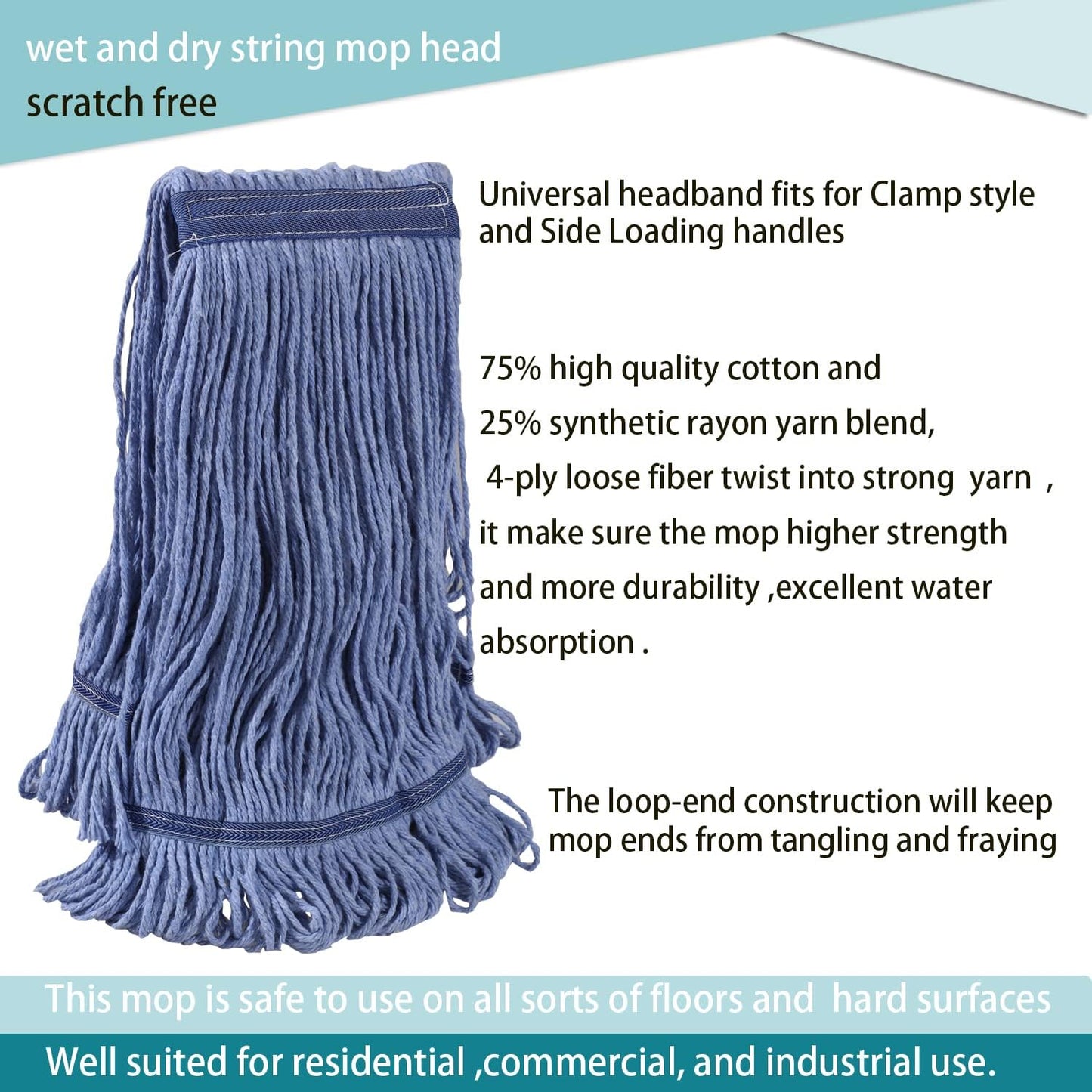 Heavy Duty Commercial Industrial Mop ,58" Looped-End String Wet Cotton Mops for Floor Cleaning, Including Three mop Head Replacement