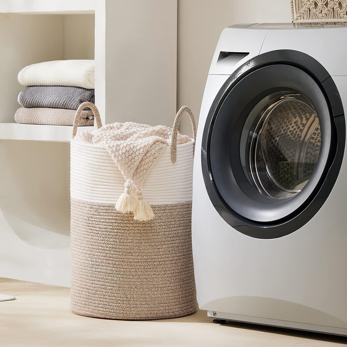 YOUDENOVA Woven Rope Laundry Hamper Basket, 72L Tall Luandry Basket, Baby Nursery Hamper for Blanket Storage in Bedroom-Large-Brown