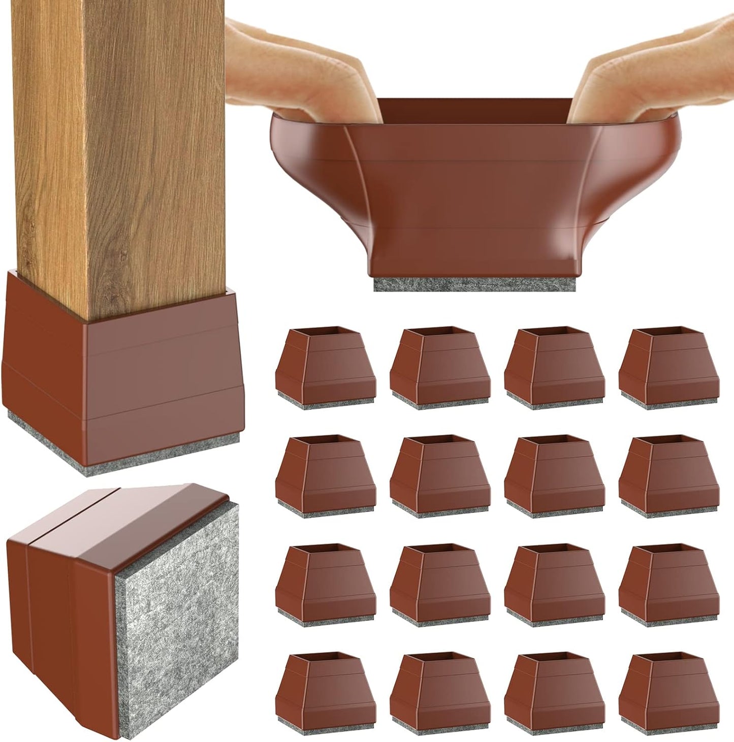 Square Chair Leg Protectors for Hardwood Floors, 16 Pcs Silicone Felt Furniture Leg Cover,(Brown 1 1/2").