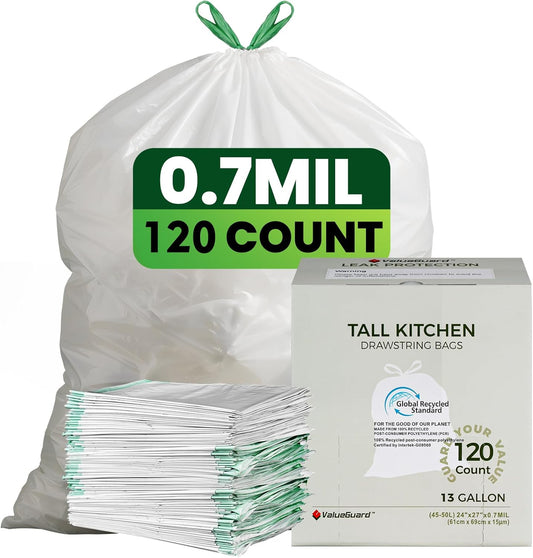 Large Trash Bag 13 Gallon Tall Drawstring 100% Post-Consumer Recycled Garbage Bag Waste Bag for Kitchen Office (120 Count, 0.7 Mil)