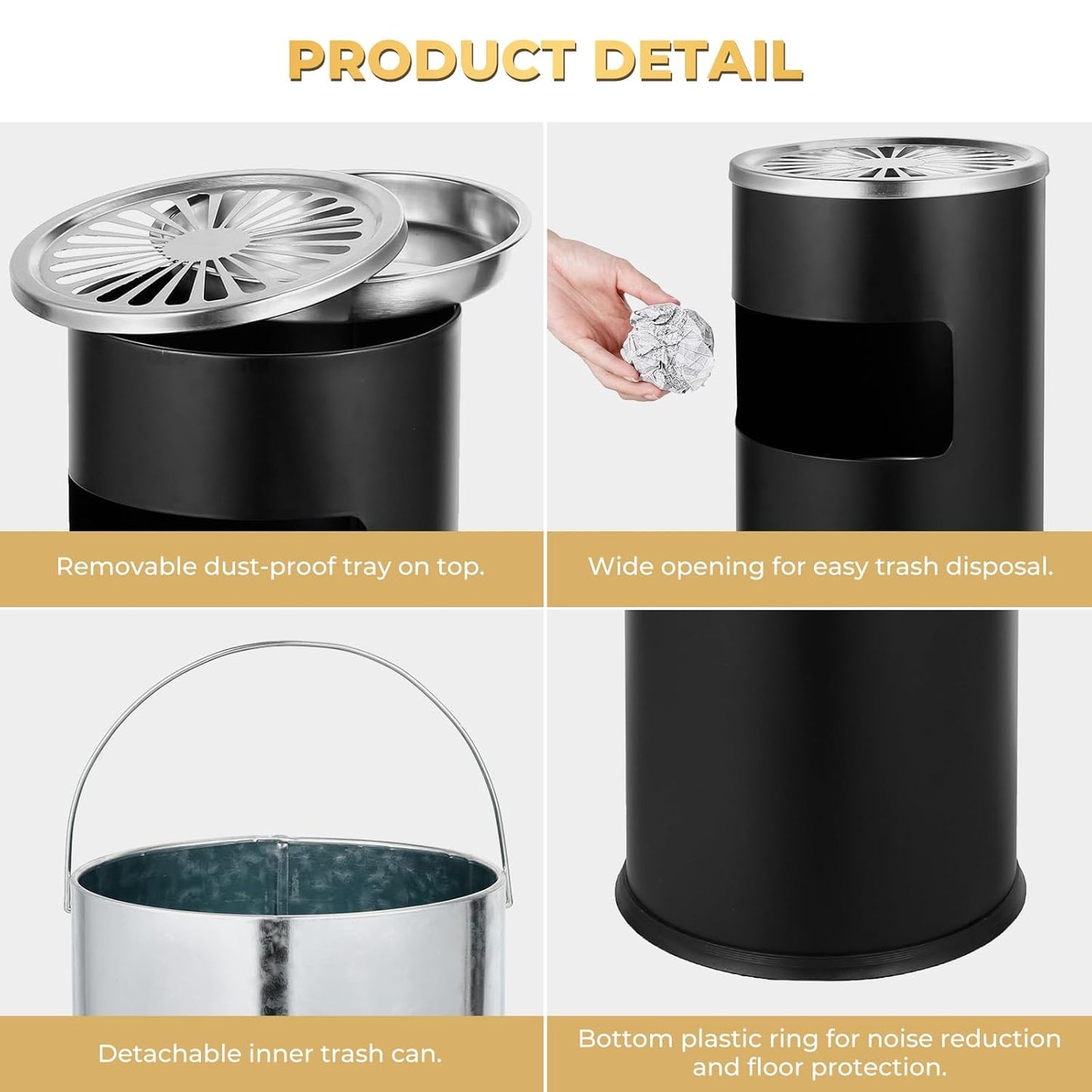 Trash Can Outdoor Waste Container Round Stainless Steel Trash Can with Removable Inner Bucket for Disposal Commercial Waste Container with Hollow Tray 9.8‘’ x 24‘’-Black