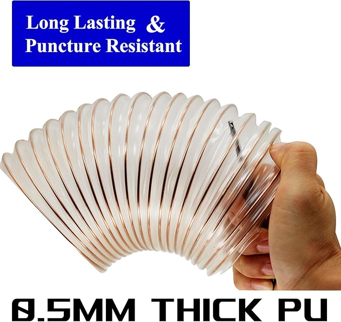 JUYO VONSAN 4 inch PU Dust Collection Hose 10ft Heavy Duty Flex Clear Dust Debris Collector Hose With Clamps (Polyurethane, 4'' X 10ft)