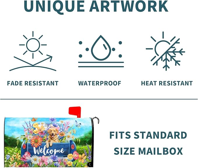 Spring Truck Mailbox Cover Magnetic Welcome Flower Cute Golden Retriever Dog Letter Box Blue Pickup Colorful Flower Butterfly Decorative Waterproof Post Box Covers For Garden Yard Outside