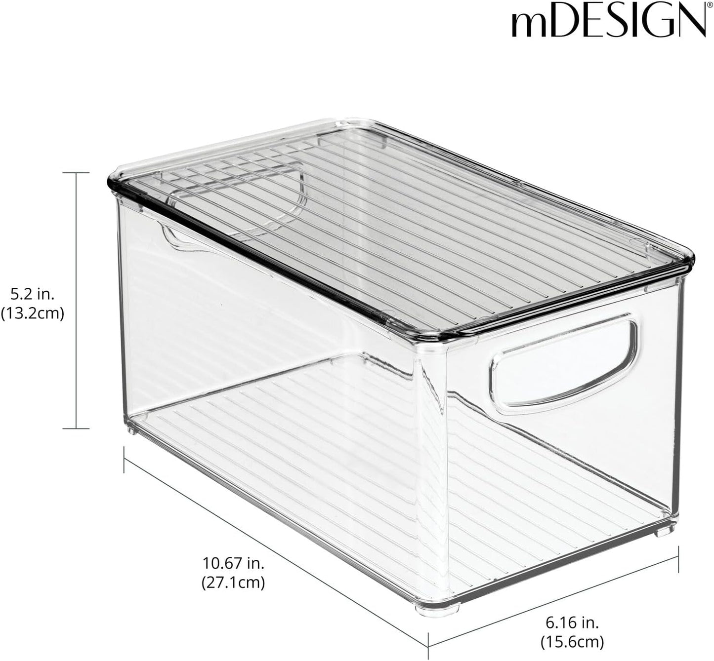 mDesign Plastic Deep Storage Bin Box Container with Lid and Built-In Handles - Organization for Fruit, Snacks, or Food in Kitchen Pantry, Cabinet, Cupboard, Ligne Collection, 6 Pack, Clear/Smoke Gray