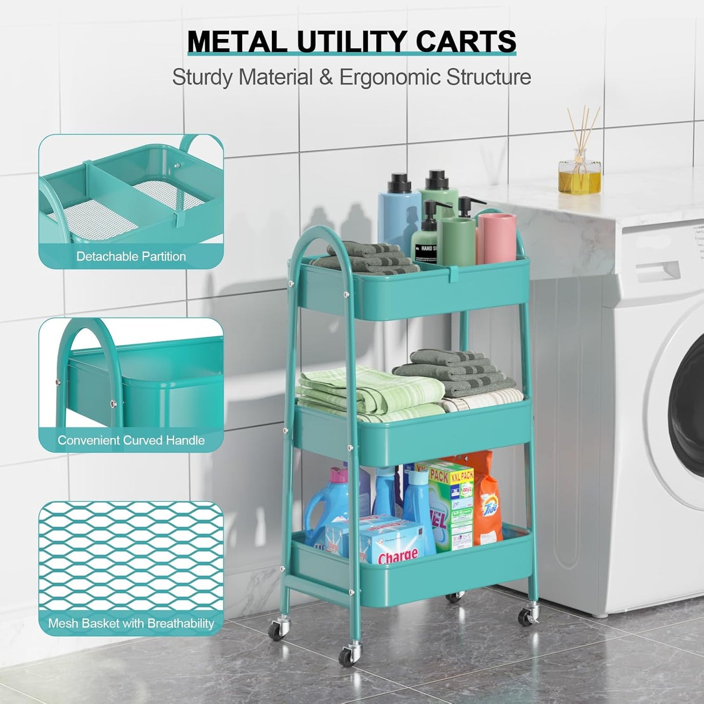 EAGMAK 3 Tier Utility Rolling Cart, Metal Storage Cart with Handle and Lockable Wheels, Multifunctional Storage Organizer Trolley with Mesh Baskets for Kitchen, Living Room, Office, Garage (Turquoise)