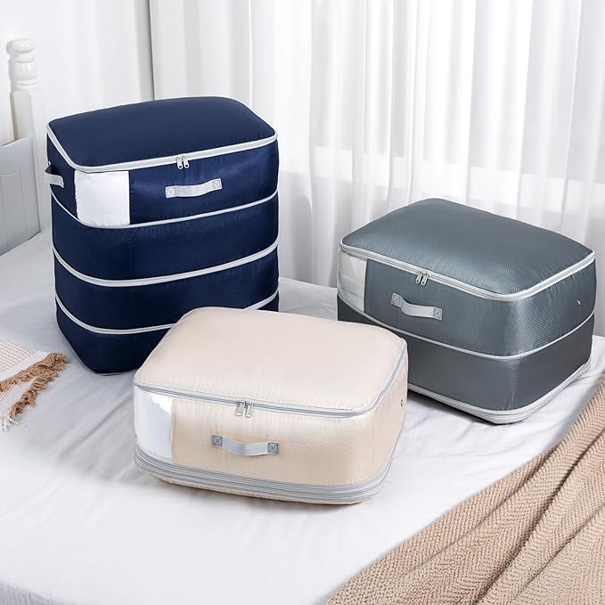 Comforter Storage Bag - Large Capacity Blanket Storage Bags 4-Layer Ultra Space Saving Self Compression Organizer, Washable Compression Bags for Storage Comforter Blanket, 2-Pack, Navy Blue