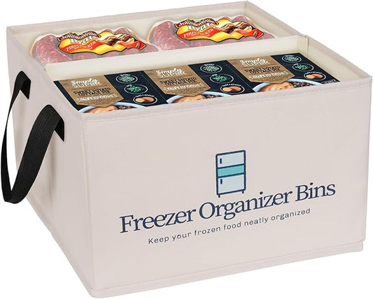 Freezer Organizer Bins, Collapsible Deep Freezer Organizer Bins for 15"x14"x9", freezer Storage Bins with Removable Dividers, Handles (Light Grey, 1 Pack)