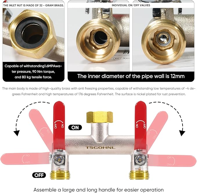 Garden Hose Splitter, 3/4” Rust and Freeze Resistant Outdoor Hose Manifold with 2 Red Extra Long Handles Faucet Adapter-Heavy Duty Brass Nickel Plated 2-Way Valve