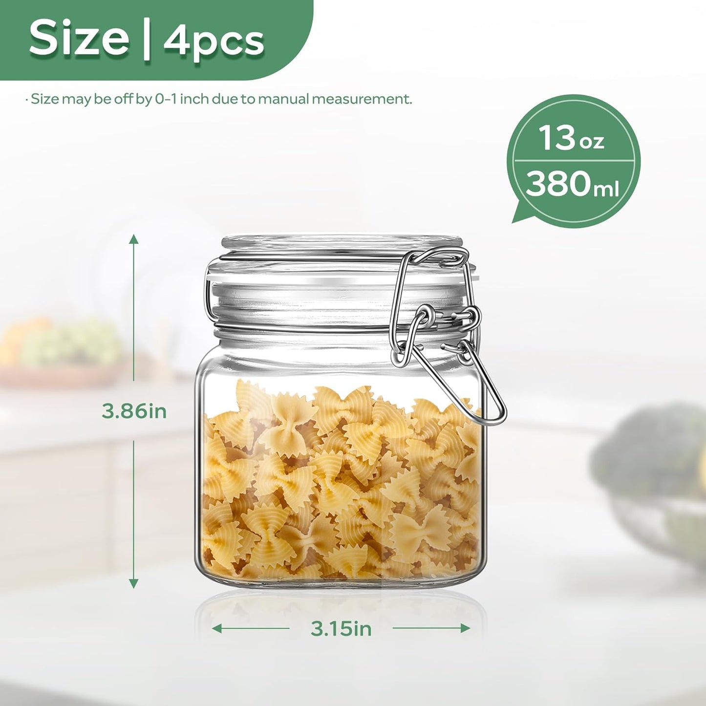 Glass Food Storage Jars with Airtight Lids 13 oz Square 4 Pack Kitchen Storage Containers Small Cabinet Canisters Sealed Pot Canning for Pasta, Cereal, Coffee, Beans, Spice