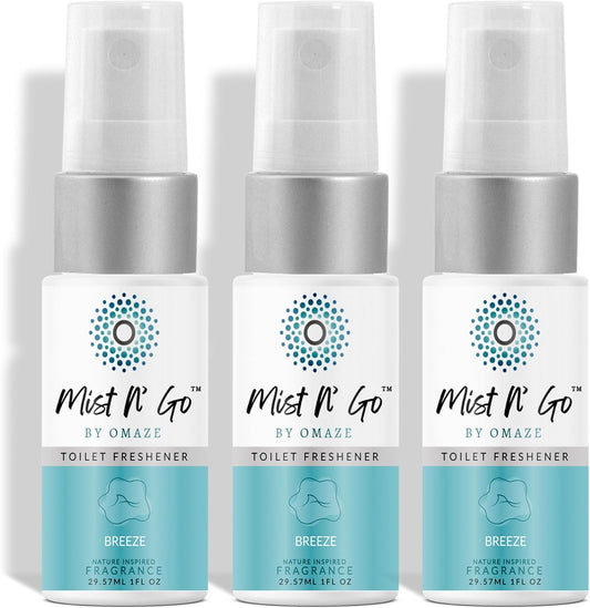 Mist N’ Go by Omaze Travel Bathroom Spray for Toilet Spray Odor Eliminator - Travel Toilet Spray for Bathroom Air Freshener Spray for Bathroom Deodorizer - Breeze Travel Size (1oz x3)