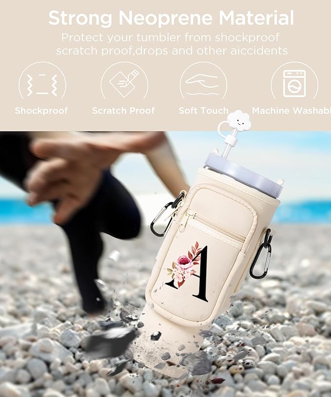 dabria Initial A-Z Water Bottle Bag with Phone Pocket for Stanley 40 oz Tumbler Neoprene Water Bottle Holder Pouch with Adjustable Strap Bollus with Straw Cover & Carabiner for Stanley Cup Accessories