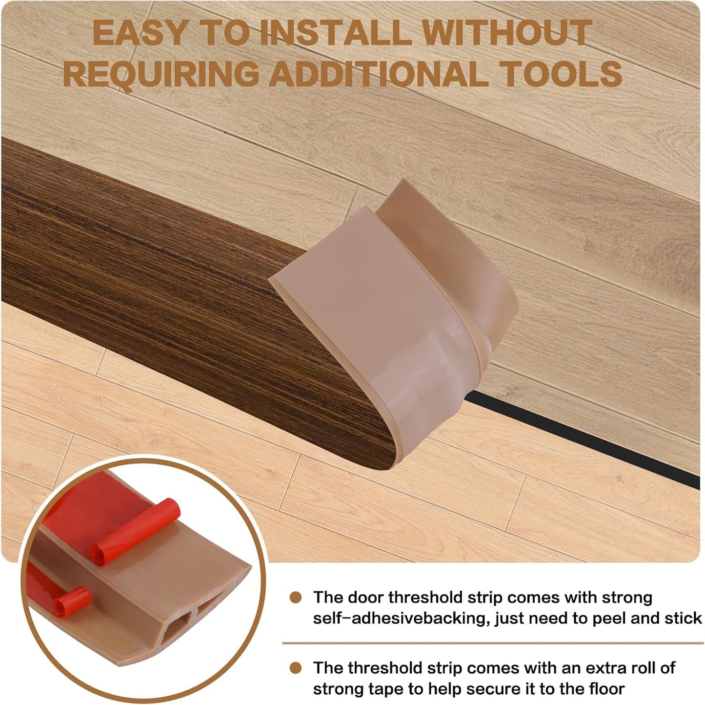 Floor Transition Strip Vinyl Door Threshold Ramp Self Adhesive Carpet Edging Strip Doorway Edge Trim, Overlap Edge Reducer for Laminate Carpet, Floor, Tile (Brown Wood Grain, 2/5" to 3/5", 10Ft)